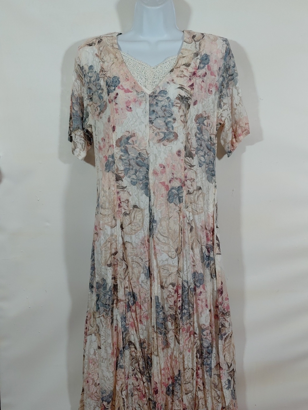 Vintage Starina Lace Trim Floral Shoulder Pads VNeck Maxi Dress Cream and Blue M
